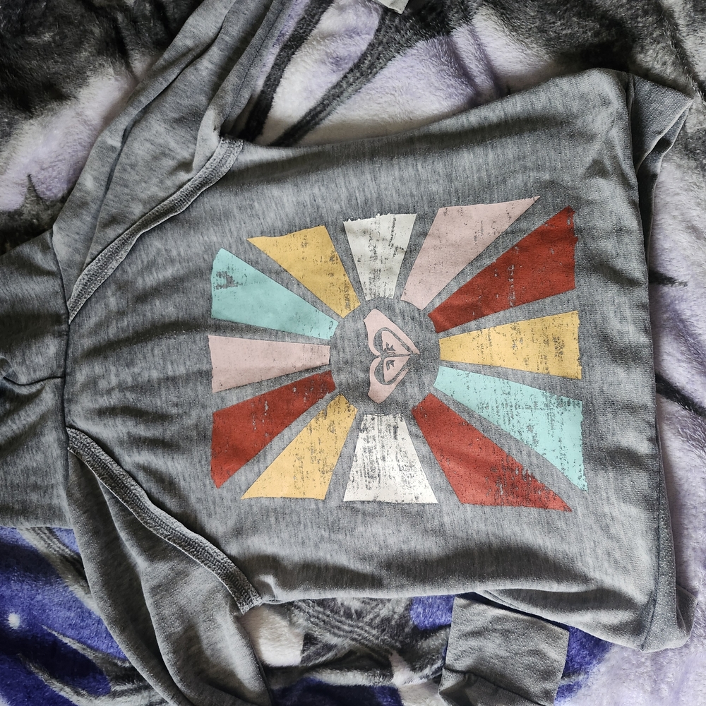 Medium Gray Roxy Hoodie with Colorful Geometric Design